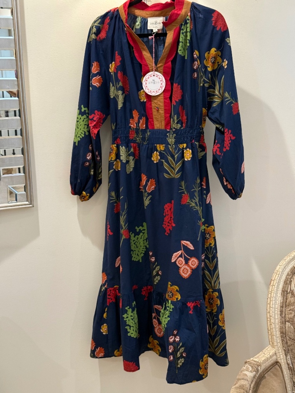 Umgee Floral Maxi Dress NWT, Size Medium, Navy Boho Long Sleeve